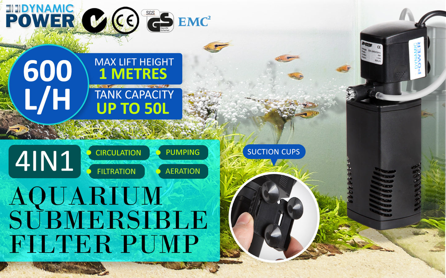 Aquarium Submersible Filter Pond Pump 600L/H 8W 1m - Paws & Palettes