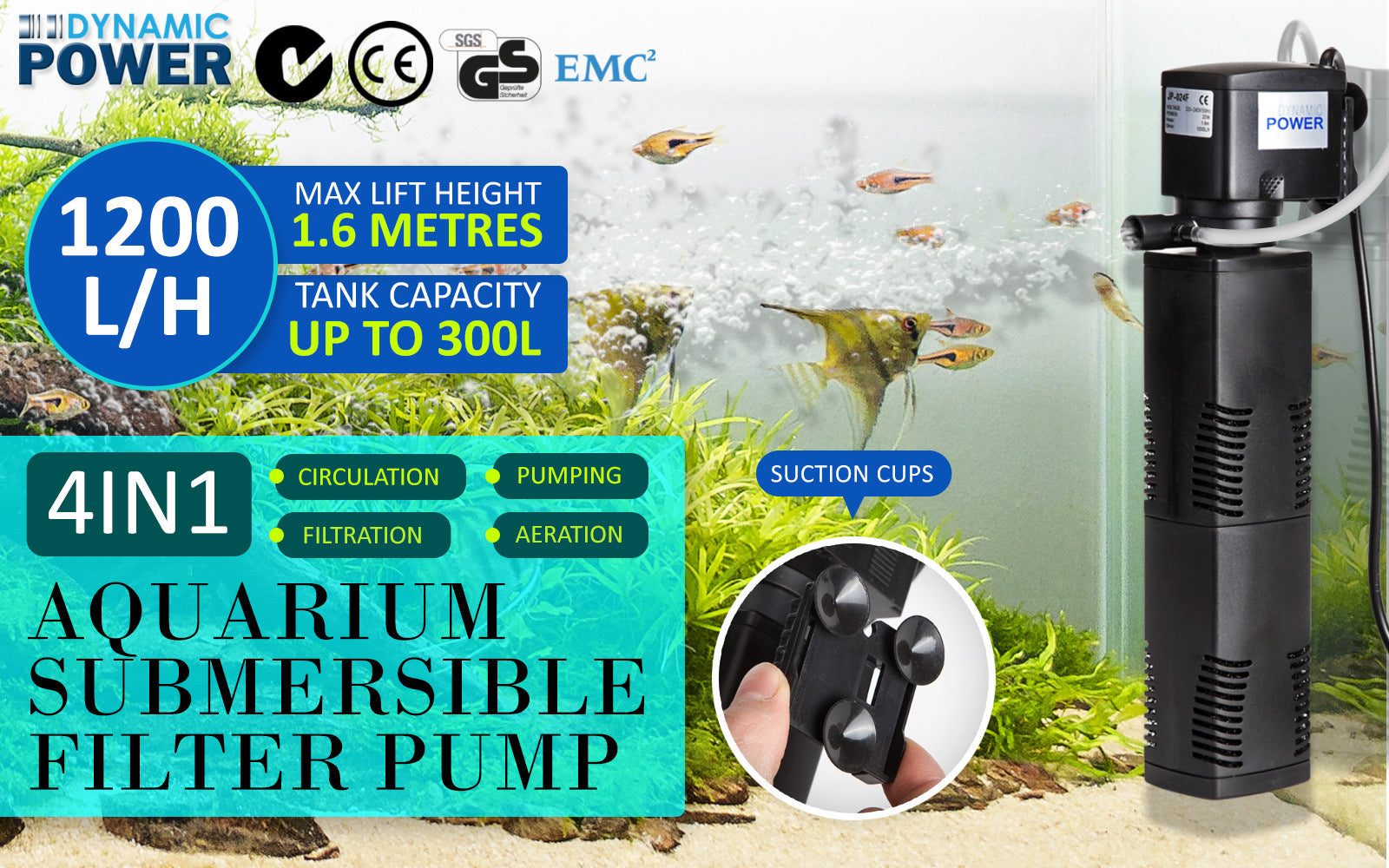 Aquarium Submersible Filter Pond Pump 1200L/H 22W 1.6m - Paws & Palettes